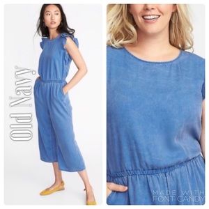 Old Navy Tencel Chambray Jumpsuit Ruffle Sleeve